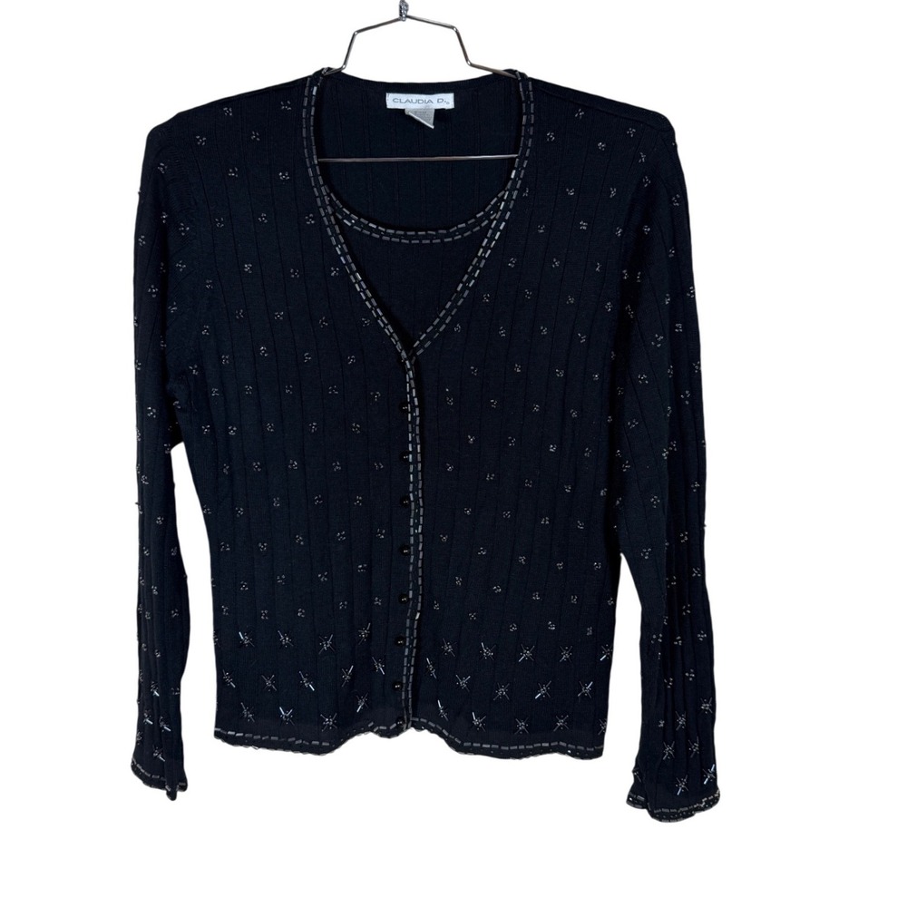 Claudia D Womens Black Beaded Ribbed Cardigan Top Vintage L